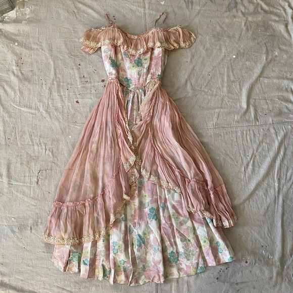 Rare Antique 1910s 20s Pannier Style Dress Floral Evening Gown Tea Dress - Picture 1 of 8